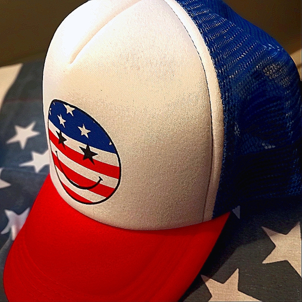 Red White And Blue Smiley Face Trucker Hat